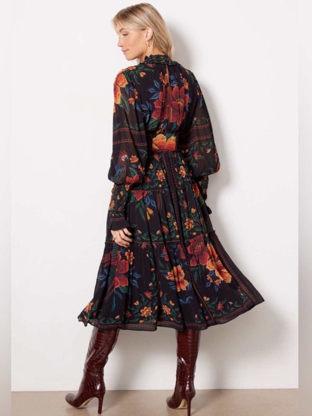Farm Rio Macaws Garden Floral Long Sleeve Midi Dress Size Medium - Picture 3 of 9